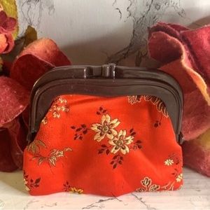 Vintage Red Satin Chinese Brocade Floral Change Purse